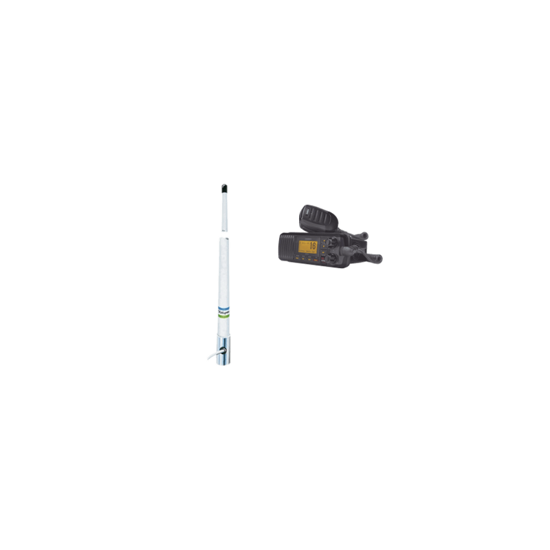 Kit de radio móvil VHF marino modelo UM-385 color negro y antena marin