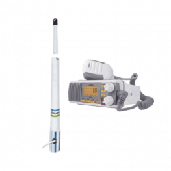 Kit de radio móvil VHF marino modelo UM-385 color blanco y antena mari