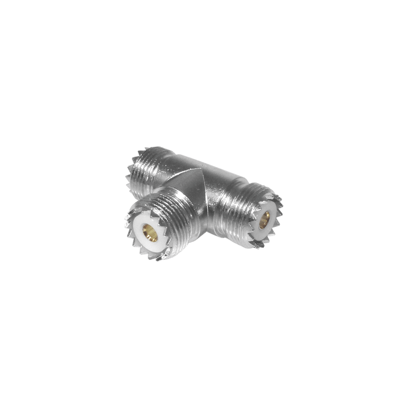 Adaptador en forma T, de Conector UHF Hembra (SO-239) a Doble Conector