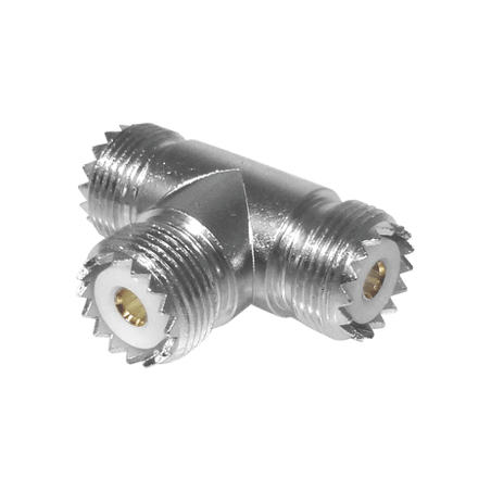Adaptador en forma T, de Conector UHF Hembra (SO-239) a Doble Conector
