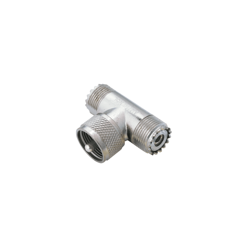 Adaptador en T AMPHENOL, de UHF Macho (PL-259) a Doble UHF Hembra (SO-