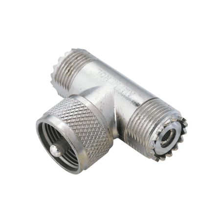 Adaptador en T AMPHENOL, de UHF Macho (PL-259) a Doble UHF Hembra (SO-
