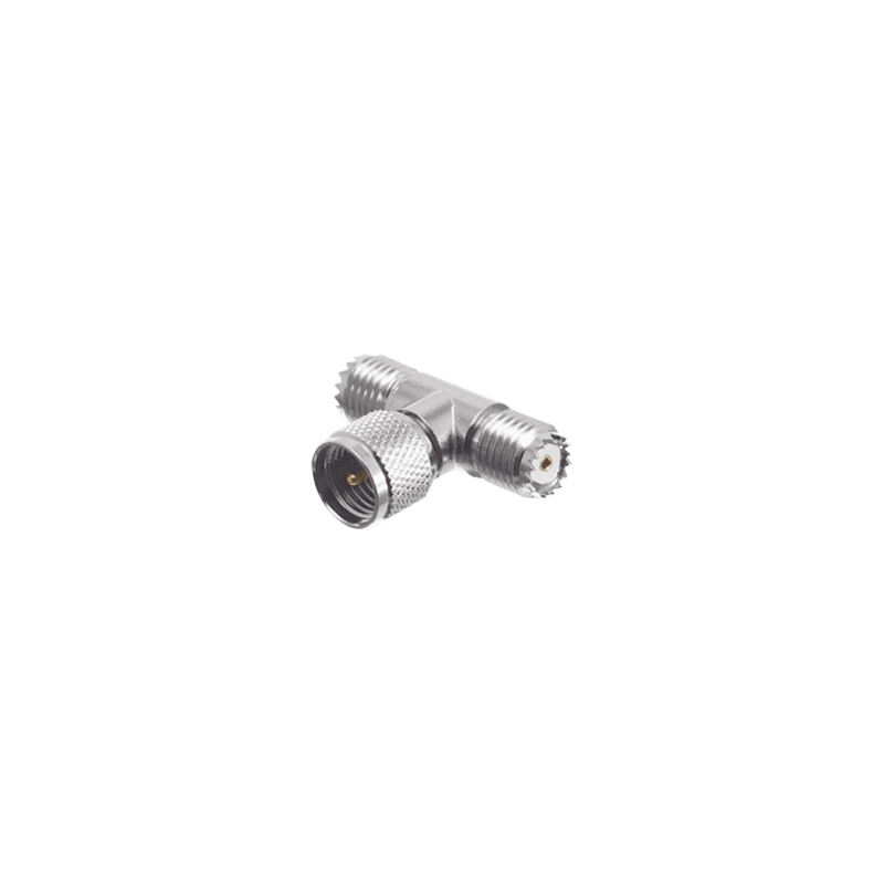 Adaptador en T de Conector Mini-UHF Macho a Doble Mini-UHF Hembra, Níq