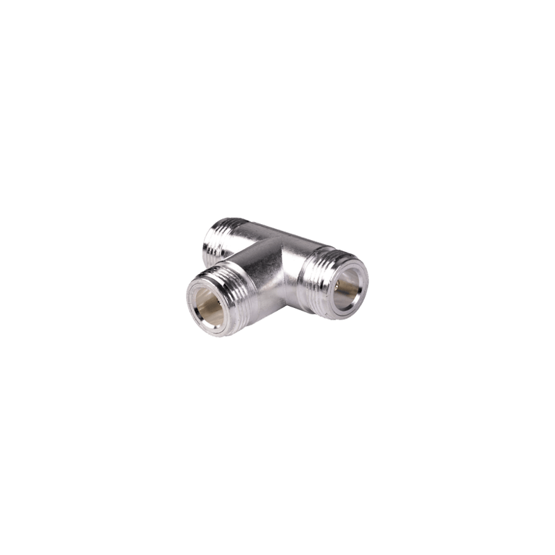 Adaptador en T, Triple Conectores N Hembra, Plata/ Oro/ Teflón.