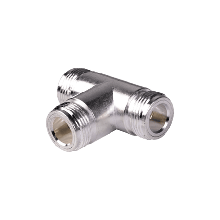 Adaptador en T, Triple Conectores N Hembra, Plata/ Oro/ Teflón.