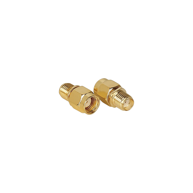Adaptador SMA Macho Inverso a SMA Hembra, Oro/ Oro/ Teflón,