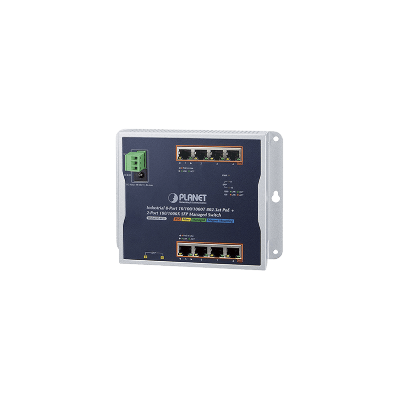 Switch Industrial PoE Administrable de Pared Capa 2, 8 Puertos Gigabit