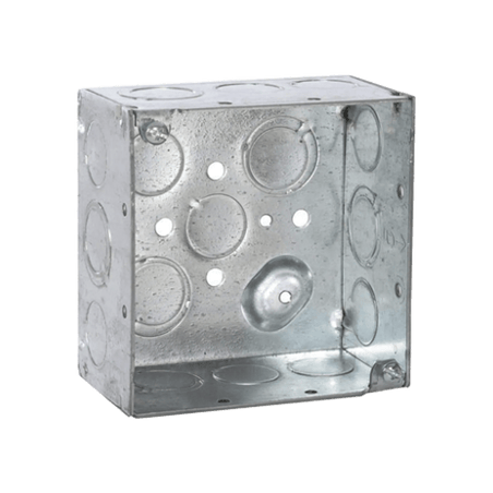 Caja Cuadrada Galvanizada  de 4 x 4, profundidad de 2 1/8. Cuenta con