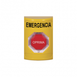 Botón de Emergencia en Español, Color Amarillo, Acción Mantenida, Gira