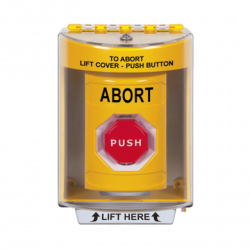 Botón de Abortar, Texto en Ingles, Tapa Protectora de Policarbonato Sú